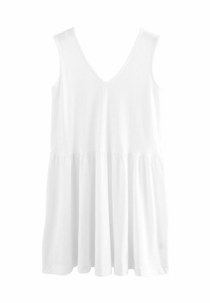 Robe blanche sans manches avec un décolleté en V et un ourlet évasé. Fabriquée en tissu doux avec une texture lisse et des détails froncés à la taille.