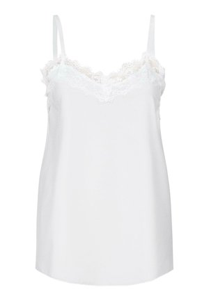 Witte cami met verstelbare bandjes, voorzien van een delicate kantafwerking langs de halslijn. Glad materiaal met een losse pasvorm.