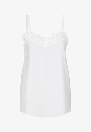 Bela camica na naramnice z nastavljivimi trakovi, ki ima nežno čipkast rob ob dekolteju. Gladek material z udobnim krojem.