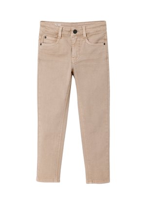 Beige Slim-Fit-Hose mit Frontknopf, Reißverschluss, Gürtelschlaufen und sichtbaren Taschenstichen auf weißem Hintergrund.