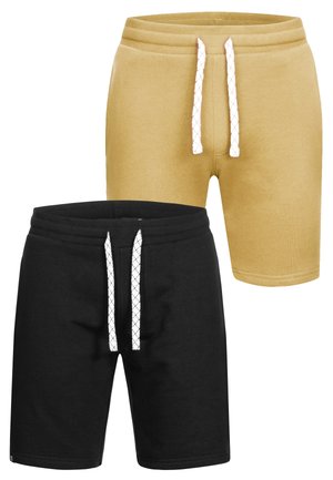 Deux paires de shorts décontractés avec cordons, un noir et un beige, présentés sur fond blanc.