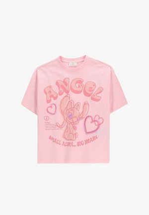 Różowa koszulka z krótkim rękawem z postacią kosmity z kreskówki, dużym słowem "ANGEL,", dwoma sercami i tekstem "Small Alien... Big Heart."