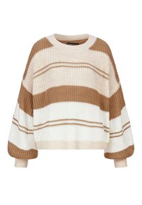 Grober Strickpullover mit horizontalen Streifen in Creme, Hellbraun und Dunkelbraun. Kurzes Design mit weiten, ballonförmigen Ärmeln.
