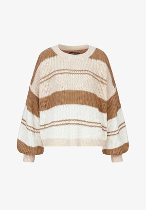 Pull en maille épaisse avec des rayures horizontales en crème, marron clair et marron foncé. Design court avec des manches larges et ballons.
