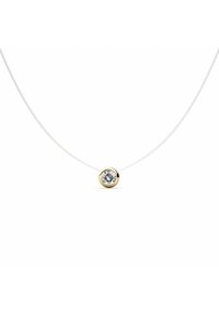 Collana in oro e argento con un pezzo di gioielleria rotondo, trasparente, incastonato in una montatura d'oro, sospeso a una sottile catena d'argento.