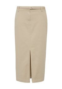 Jupe crayon beige avec une fente avant, fabriquée en tissu mélangé de coton. Présente une ceinture ajustée et des passants de ceinture pour un ajustement personnalisé.