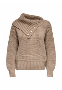 Beżowy sweter dziany z asymetrycznym kołnierzem z prążkowanej tkaniny, diagonalnym detalem i dekoracyjnymi guzikami na jednym ramieniu. Miękka tekstura.