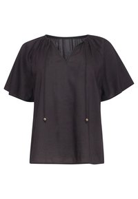 Schwarze Bluse mit V-Ausschnitt, kurzen Ärmeln und gerafftem Design. Verfügt über zwei Kordeln mit metallischen Perlen für eine verstellbare Passform. Glatte Textur.