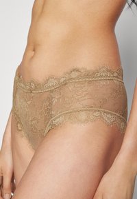 Spesiell hipster undertøy av blonder i lys beige med bølgete kanter og blomster mønster. Mykt, gjennomsiktig stoff med en teksturert overflate.