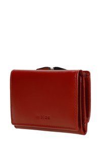 Red leather wallet with a smooth texture, compact rectangular shape, and a zippered closure. Features embossed brand logo on the front.