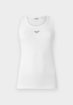Valge ribikoest tank top, millel on ümmargune kaelus ja ristkülikukujuline silt "JOOP! JEANS" ees.