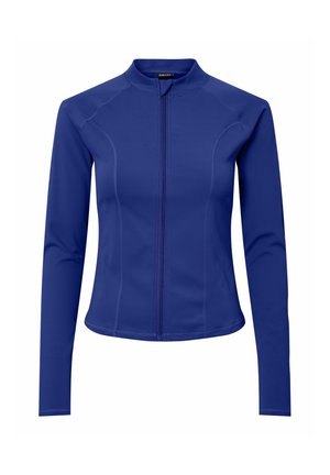 Veste longue à manches longues de couleur bleue en tissu lisse et élastique. Présente un col montant et une fermeture éclair sur le devant, avec des coutures ajustées pour un look fitted.