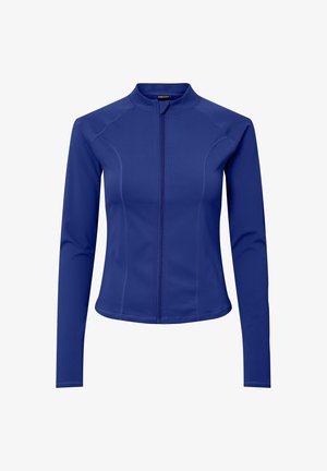Blauwe langesleevak jacket gemaakt van een gladde, rekbare stof. Heeft een hoge kraag en een ritssluiting aan de voorkant, met getailleerde naden voor een aansluitende look.