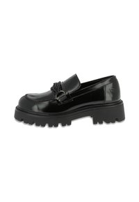 Black patent leather loafers with a chunky, textured rubber sole, featuring a braided chain accent on the upper and a stitched design.