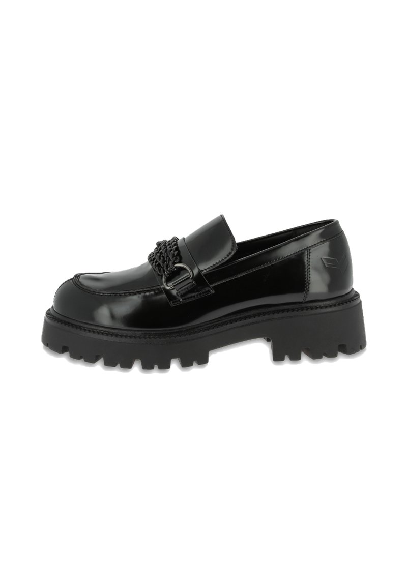 Black patent leather loafers with a chunky, textured rubber sole, featuring a braided chain accent on the upper and a stitched design.