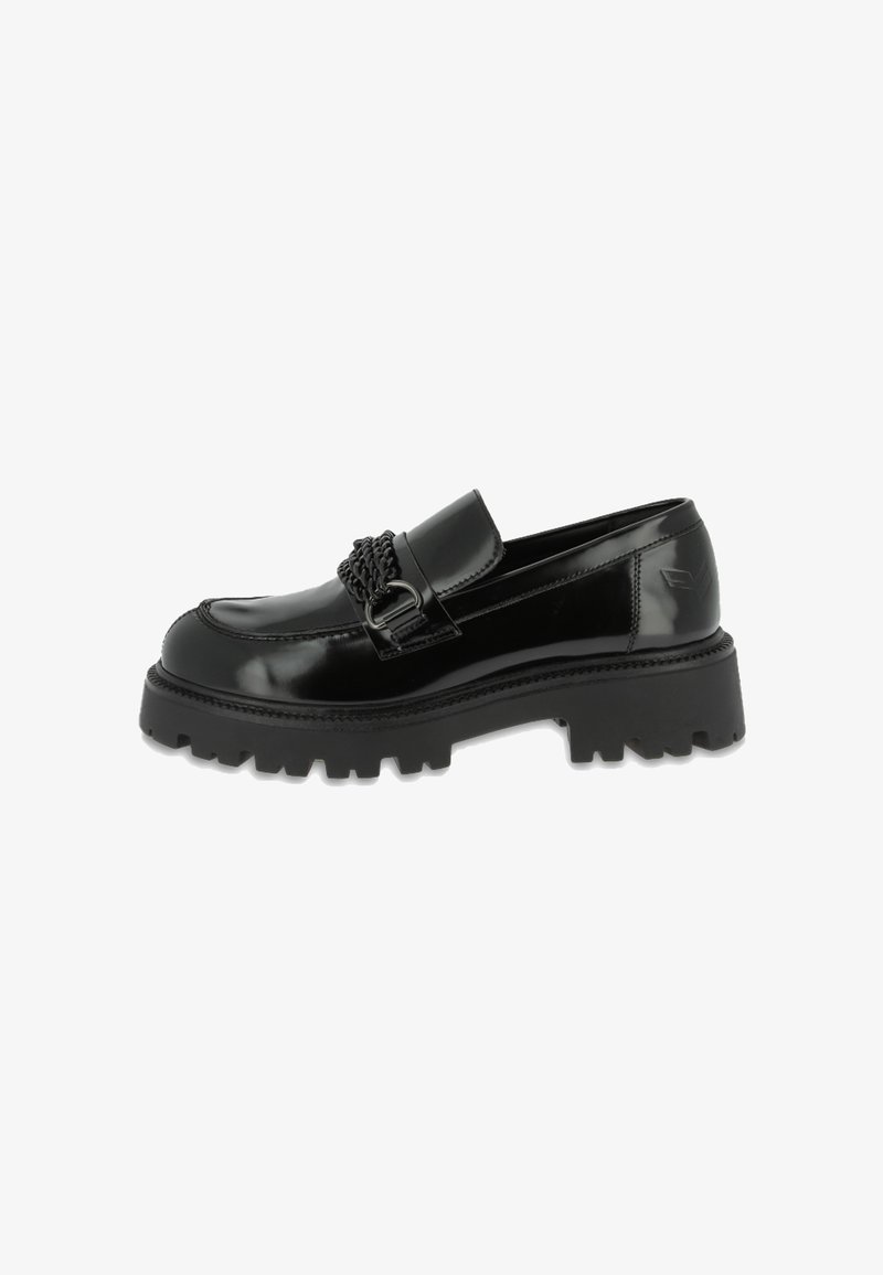 Black patent leather loafers with a chunky, textured rubber sole, featuring a braided chain accent on the upper and a stitched design.