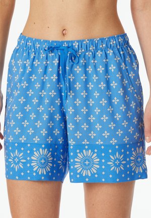Blauwe gestreepte shorts met een bloemenpatroon, elastische tailleband en trekkoord. De onderste zoom heeft een contrasterend bloemmotief in het wit.