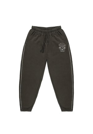 Ciemnoszare spodnie dresowe z elastycznym pasem, regulowanym sznurkiem, bocznymi kieszeniami oraz białym paskiem po bokach. Posiadają graficzne logo.