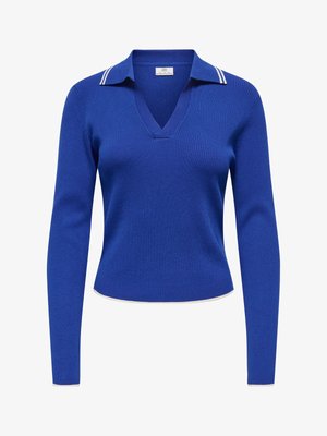 Sinine kootud pullover V-kaelusega ja pikkade varrukatega. Omadused: kraega kaelus valgete triipudega ja sooniktekstuur, taljes kroogitud disain.