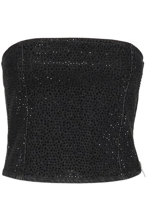Top noir sans bretelles en tissu texturé avec des perforations. Présente une silhouette ajustée et de subtils accents métalliques.