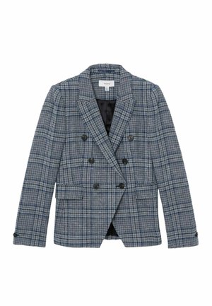 Dames dubbelgeknoopt geruit blazer in grijs en blauw met inkeping revers, zwarte knopen, klepzakken en zwarte voering.