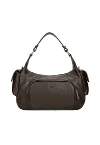 Brązowa skórzana torba na ramię o teksturowanym wykończeniu, z centralną przegrodą zapinaną na zamek oraz bocznymi kieszeniami. Posiada zakrzywiony pasek.