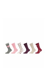 Sechs verschiedene Crew-Socken in Grau mit Herz, einfarbig Pink, Weiß mit roten Herzen, Lila mit Punkten, Beige und Rot mit Floralmustern.