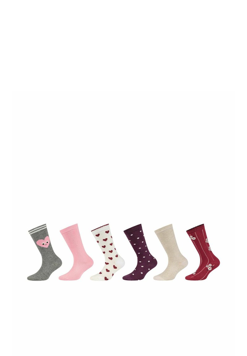 Sechs verschiedene Crew-Socken in Grau mit Herz, einfarbig Pink, Weiß mit roten Herzen, Lila mit Punkten, Beige und Rot mit Floralmustern.