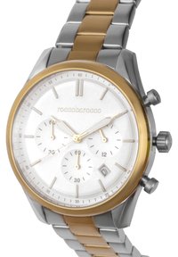 Hõbedane ja kuldne metallkell ümmarguse valge sihverplaadiga, kolme alasihverplaadiga, kuupäevaknaga ja vahelduvate värvidega lülitusega käevõruga.