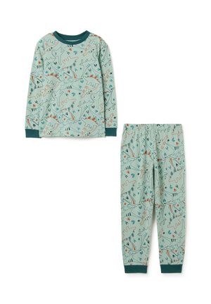 Langwerpige pyjama-set in lichtgroen, met een dinosauruspatroon in oranje en blauw. Inclusief bijpassende broek met elastische taille en boorden.