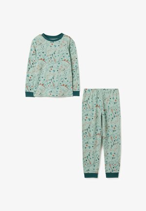 Langwerpige pyjama-set in lichtgroen, met een dinosauruspatroon in oranje en blauw. Inclusief bijpassende broek met elastische taille en boorden.
