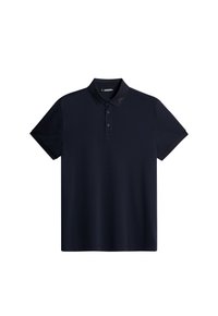 Granatowa koszulka polo wykonana z gładkiej tkaniny, z dwoma guzikami przy dekolcie, krótkimi rękawami i subtelnym logo na kołnierzyku.