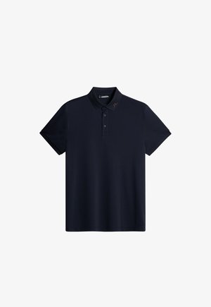 Granatowa koszulka polo wykonana z gładkiej tkaniny, z dwoma guzikami przy dekolcie, krótkimi rękawami i subtelnym logo na kołnierzyku.