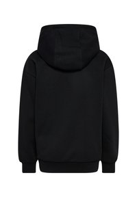 Svart hoodie med mjuk textur, försedd med ett fodrat huva, ribbade mudd och en enkel baksidesdesign. Inga synliga mönster eller logotyper.