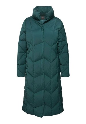 Grüne gepolsterte Jacke mit hohem Kragen, ausgestattet mit einem geometrischen Steppmuster und breiten Dreiviertelärmel. Hergestellt aus strukturiertem Stoff.
