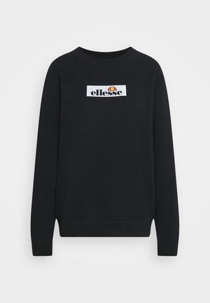 Sort langærmet sweatshirt med hvidt rektangulært logo med teksten "ellesse" og orange halvcirkel design centreret på brystet.