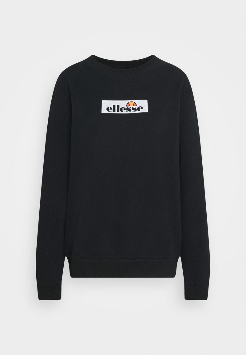 Sweatshirt noir à manches longues avec un logo rectangulaire blanc comportant le texte « ellesse » et un design en demi-cercle orange centré sur la poitrine.