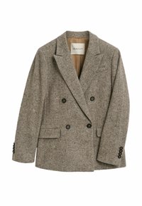Blazer doppiopetto in tessuto grigio testurizzato, con revers a cresta, due tasche laterali e bottoni neri. Foderato con un interno beige.