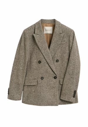 Blazer doppiopetto in tessuto grigio testurizzato, con revers a cresta, due tasche laterali e bottoni neri. Foderato con un interno beige.