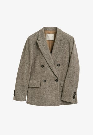 Double-breasted blazer in textured gray fabric, featuring a notch lapel, two side pockets, and black buttons. Lined with a tan interior.