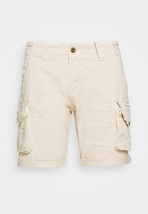 Beige Cargo-Shorts mit zwei Seitentaschen, umgeschlagenem Saum, Knopfverschluss und Gürtelschlaufen. Hergestellt aus leichtem, strukturiertem Stoff.
