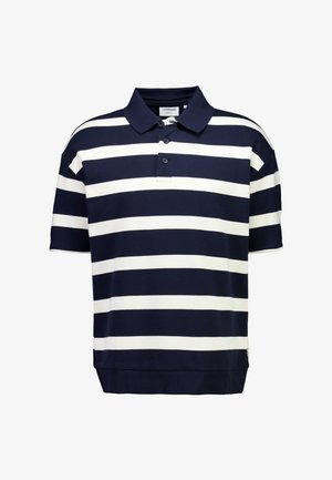 Polo a righe blu navy e bianco in cotone, con colletto classico, abbottonatura a due bottoni, maniche corte e orlo dritto.