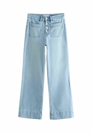 Hellblaue, hoch taillierte Jeans mit weitem Bein, vorne mit aufgesetzten Taschen und vier sichtbaren Knöpfen am Verschluss, keine sichtbaren Abnutzungsspuren.