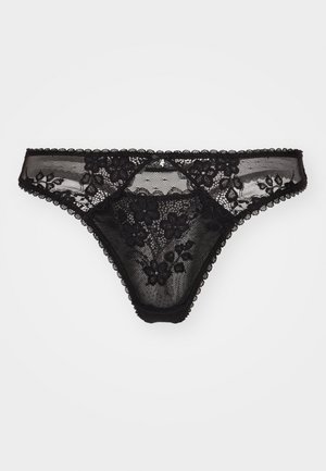 Mustmustest mustrõng, mis sisaldab lillemustreid, läbipaistvat võrku ja sakilise äärega. Elasti riba tagab paindlikkuse ja mugavuse.