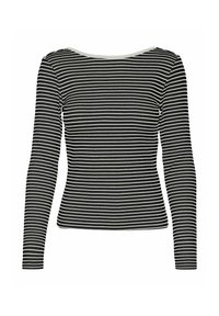 Zwart-wit gestreepte lange mouw shirt met een wijde halslijn, met een getailleerde pasvorm en geribbelde textuur.