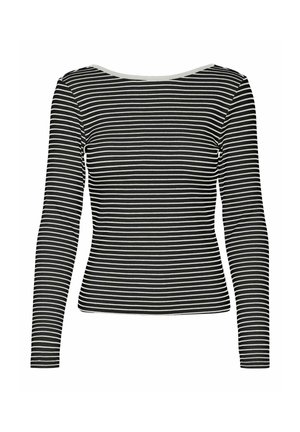 Chemise à rayures noires et blanches à manches longues avec un grand col, présentant une silhouette ajustée et une texture côtelée.