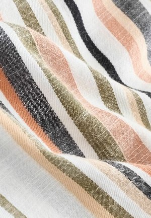 Striped fabric featuring varying widths of pink, black, olive, and white lines, showcasing a textured weave and a soft, draping appearance.