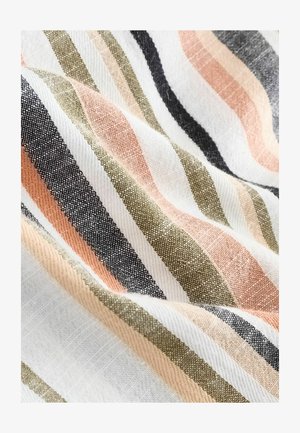 Tissu rayé présentant des largeurs variées de lignes roses, noires, olive et blanches, mettant en valeur un tissage texturé et une apparence douce et fluide.