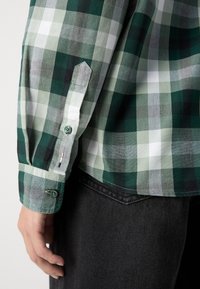 Manche et poignet d'une chemise à carreaux verts et blancs portée avec un jean noir, montrant les boutons et une partie d'une main.