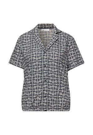 Košile s krátkými rukávy na knoflíky s černo-bílým geometrickým listovým vzorem a rozloženým límcem, zobrazena na bílém pozadí.